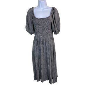 Carly Jean Los Angeles Gray Smocked Midi Dress size Medium Coquette Puff Sleeves